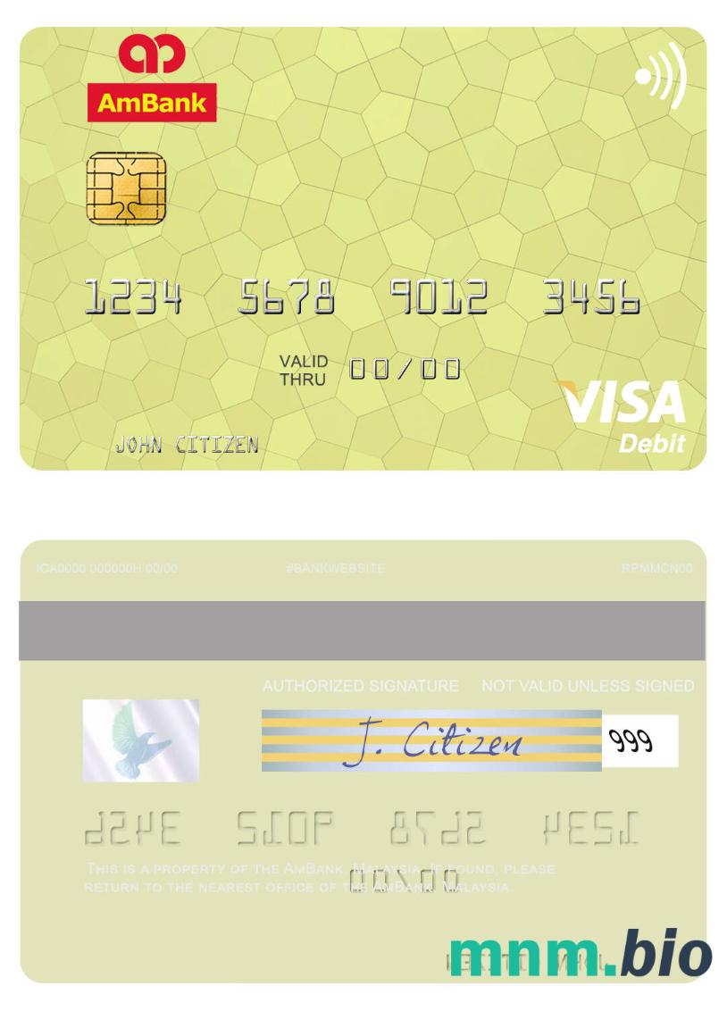 Malaysia AmBank visa debet karta przykład w formacie PSD